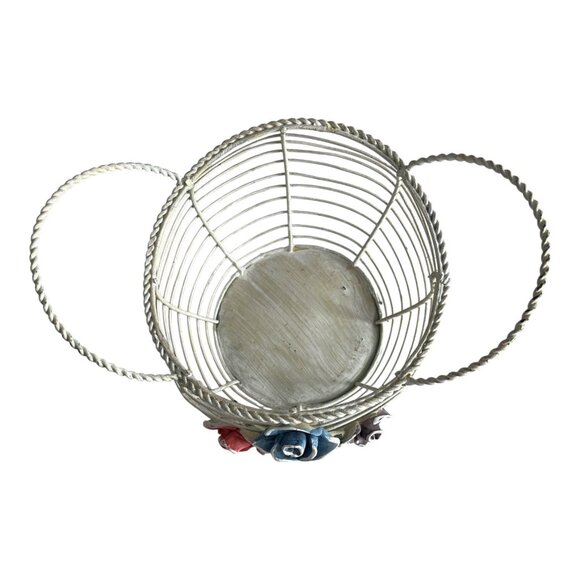 Vtg Wire Basket with Hand-Painted Ceramic Roses – Red, Blue, Purple Flowers - Picture 2 of 3